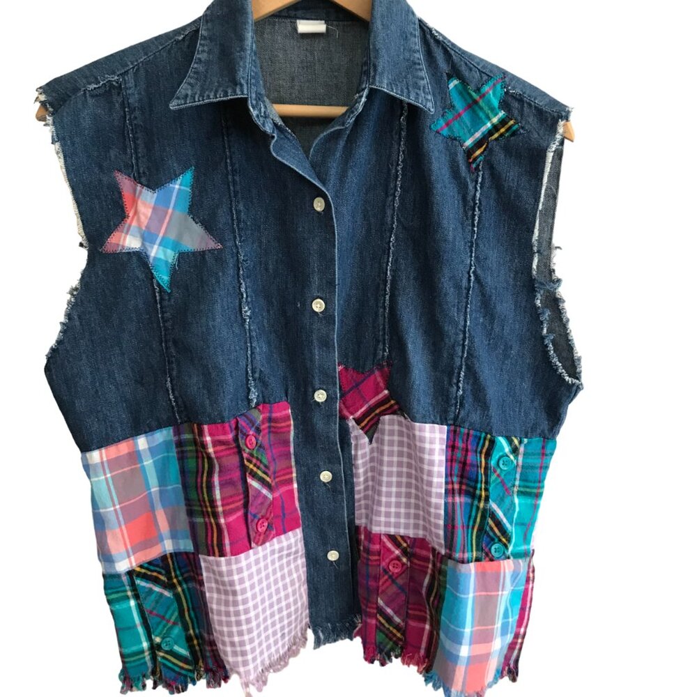 Patchwork Denim Shirt Upcycled Sleeveless Top Plaid Patches Stars Size Small